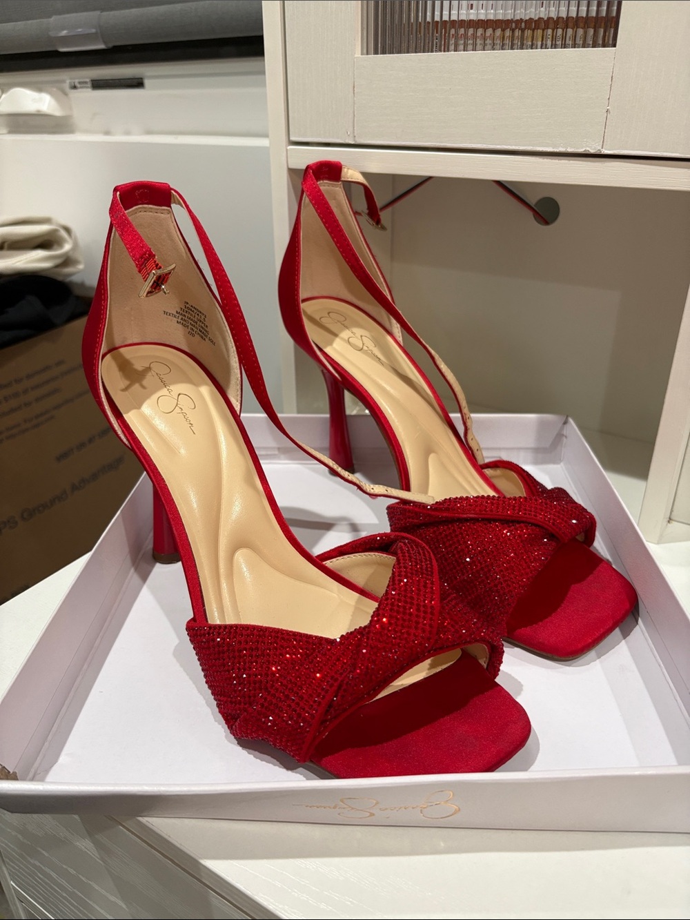 Jessica Simpson Red Satin Ankle-Strap Sparkle Heels